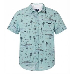 Jacks Surfboards Shirt Mens L Blue Tropical Island Print Beachy Casual Button